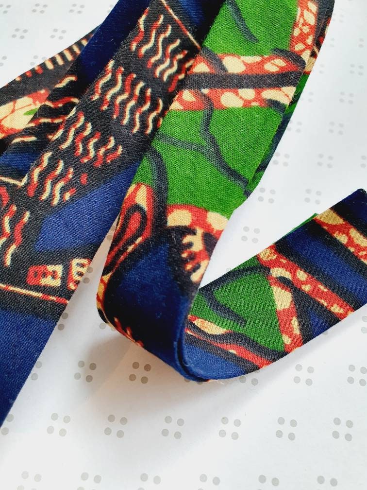 3 Metres of 25mm Green, Red & Navy African Wax Print Bias Binding / Seam Tape / 100% Soft Cotton