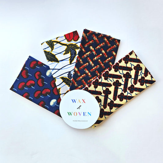 Set Of 4 African Wax Nautical Pattern Fabric Fat Quarters. 100% Cotton. Multicolour Blue, Red and Beige For Crafting And Quilting.