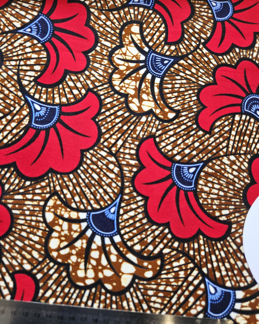 Red Floral African Wax Print Fabric 100% Cotton.