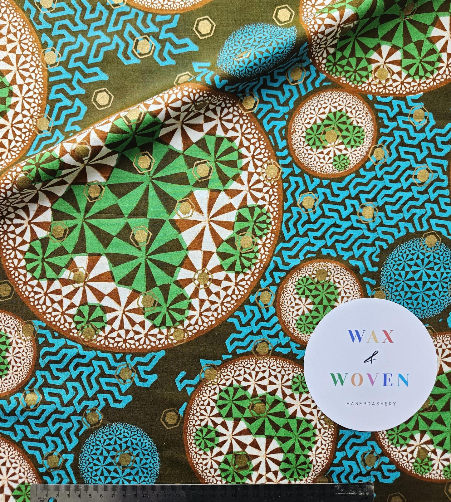 Set Of 2 African Wax Green & Gold Fabric Fat Quarters. 100% Cotton. Floral and Geometric Pattern. For Crafting And Quilting.