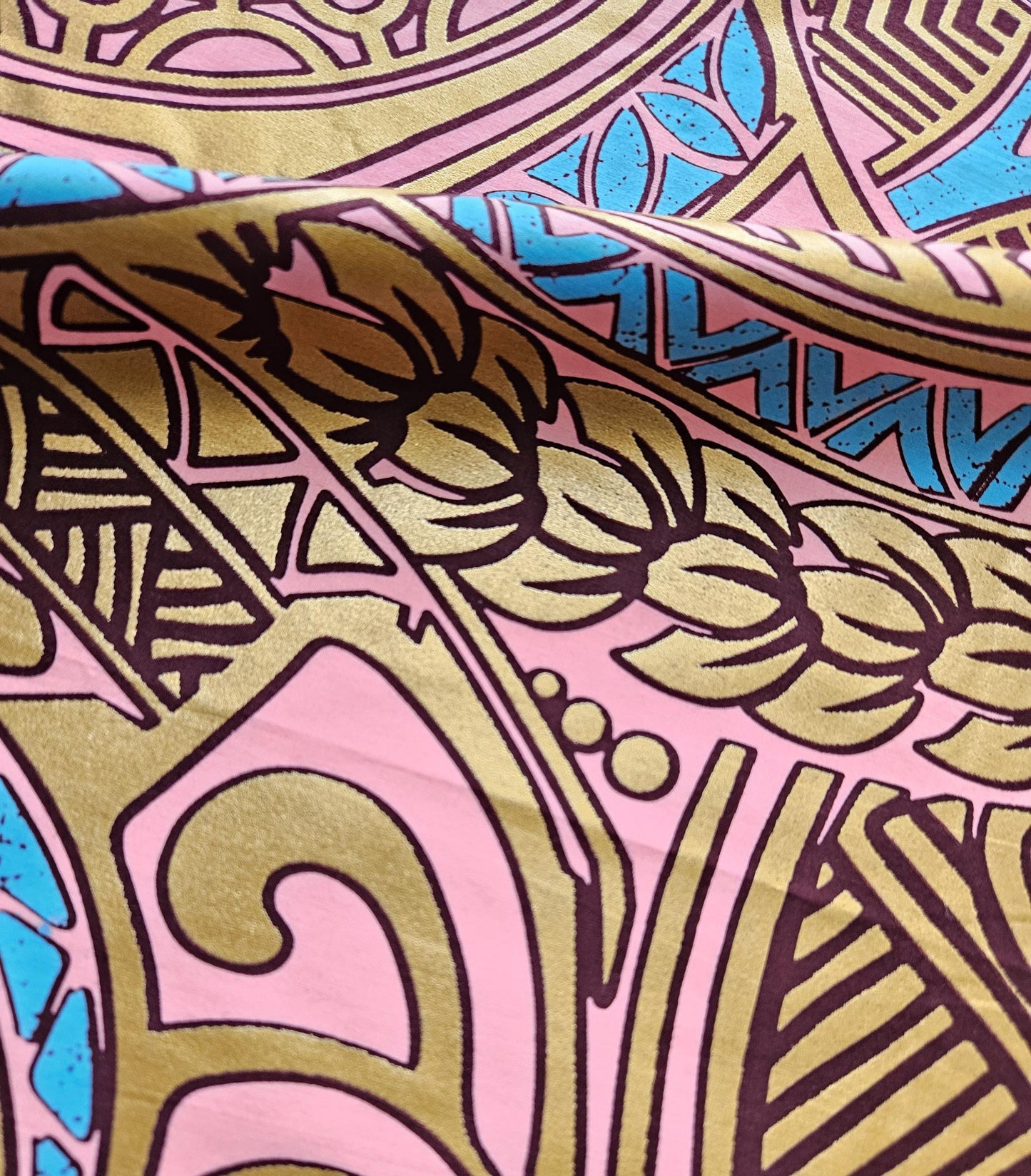 Pink, Turquoise, Brown & Gold Embossed African Wax Fabric Bias Binding. 2.5cm Wide | Colourful Print Patterned Tape For Crafting / Quilting.
