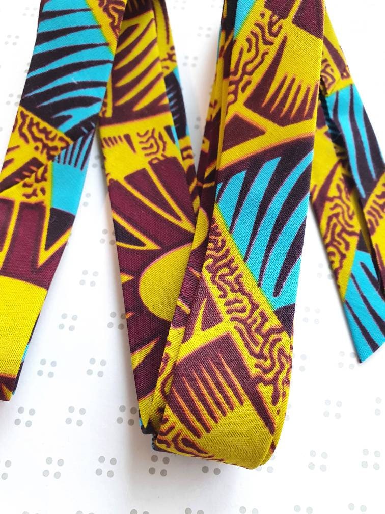 3 Metres of 25mm Lime Green, Blue & Brown African Wax Print Bias Binding / Seam Tape / 100% Soft Cotton