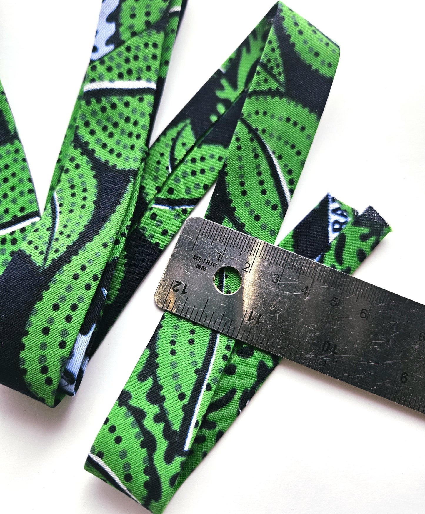 Green, Blue & Navy African Wax Fabric Bias Binding. 2.5cm Wide | Colourful Print Patterned Tape For Crafting / Quilting.