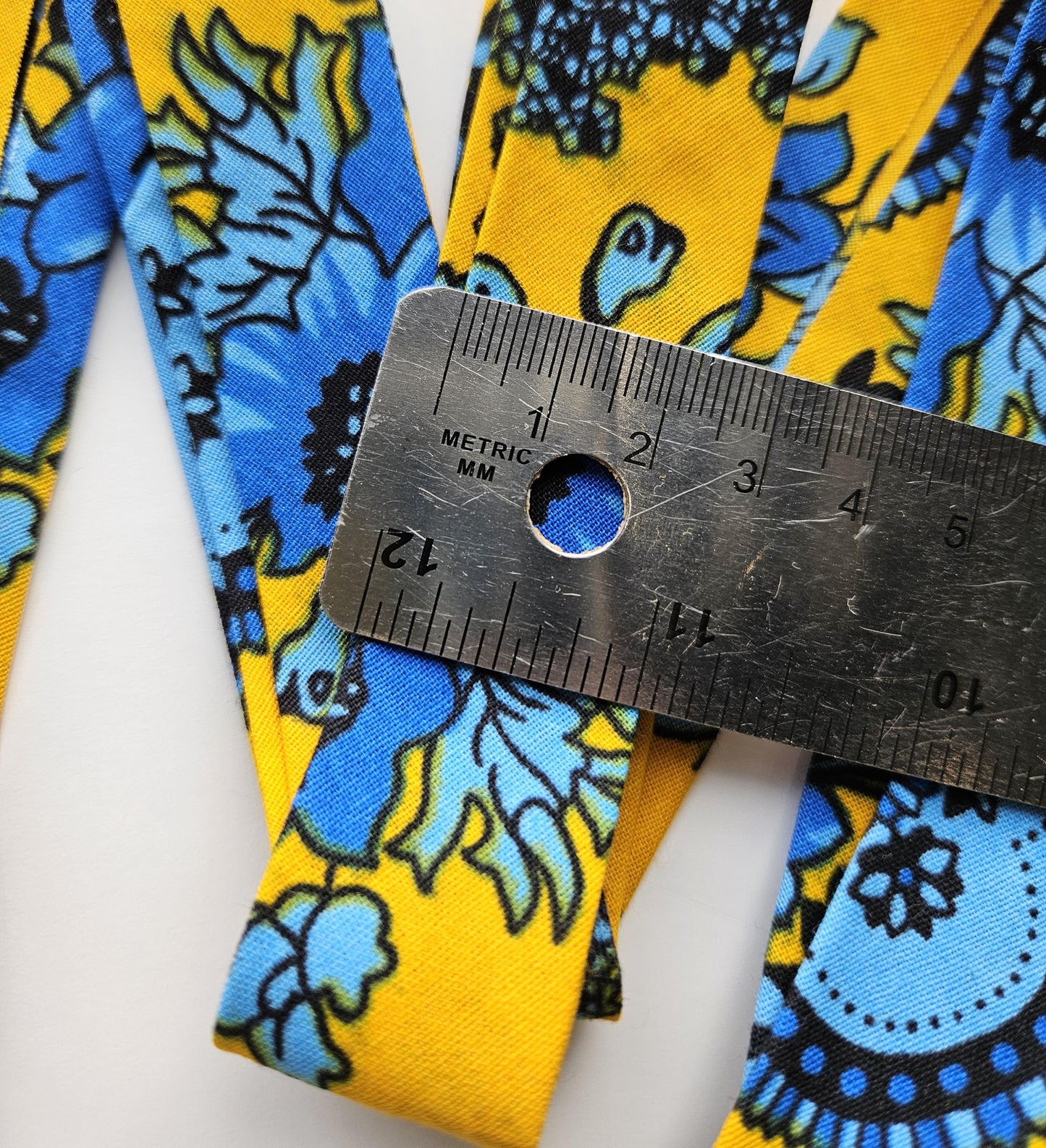 Yellow, Baby & Navy Blue African Wax Fabric Bias Binding. 2.5cm Wide | Colourful Print Patterned Tape For Crafting / Quilting.