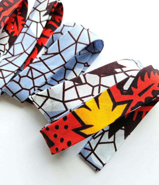 Red, White, Grey & Yellow African Wax Autumnal Fall Fabric Bias Binding. 2.5cm Wide | Colourful Print Patterned Tape For Crafting /Quilting.