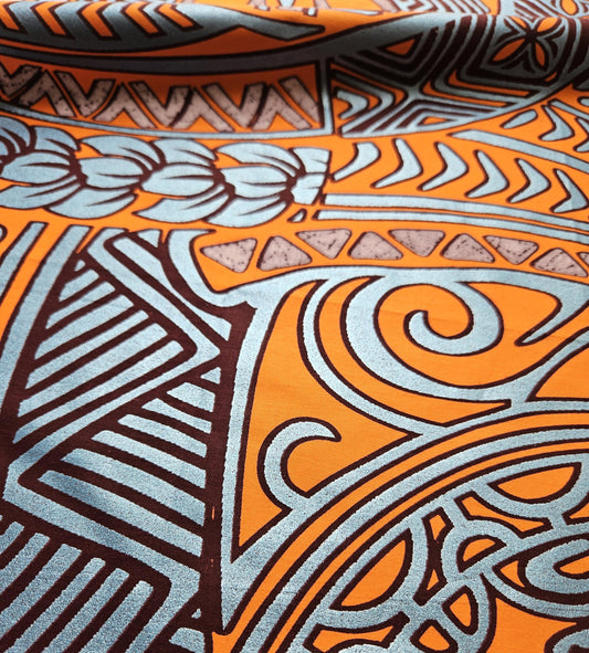 Orange, Brown & Metallic Blue African Wax Print / Ankara / Kente Fabric By The Yard / Metre. 100% Cotton. Sewing, Crafting And Quilting.