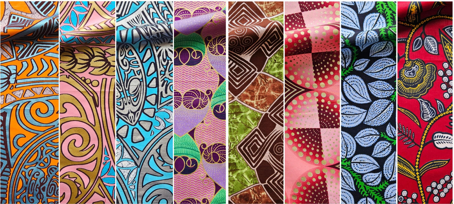 Set Of 2 African Wax Kente Pattern Fabric Fat Quarters. 100% Cotton. Multicolour Purple, White & Red. For Crafting And Quilting.