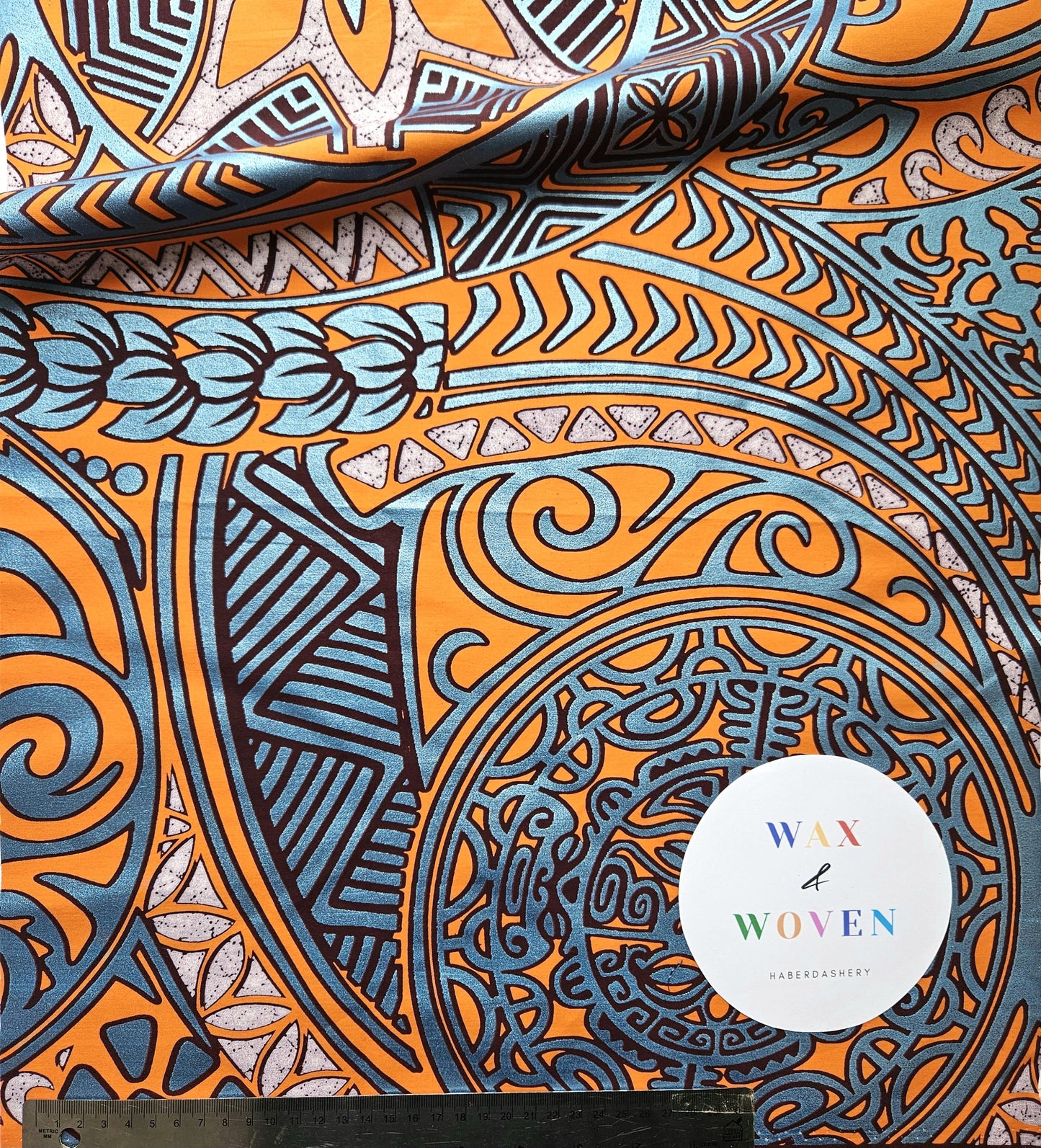 Set Of 3 African Wax Geometric Metallic Fabric Bias Binding. 5 Metres Each x  2.5cm Wide in Pink, Orange & Blue For Crafting And Quilting.