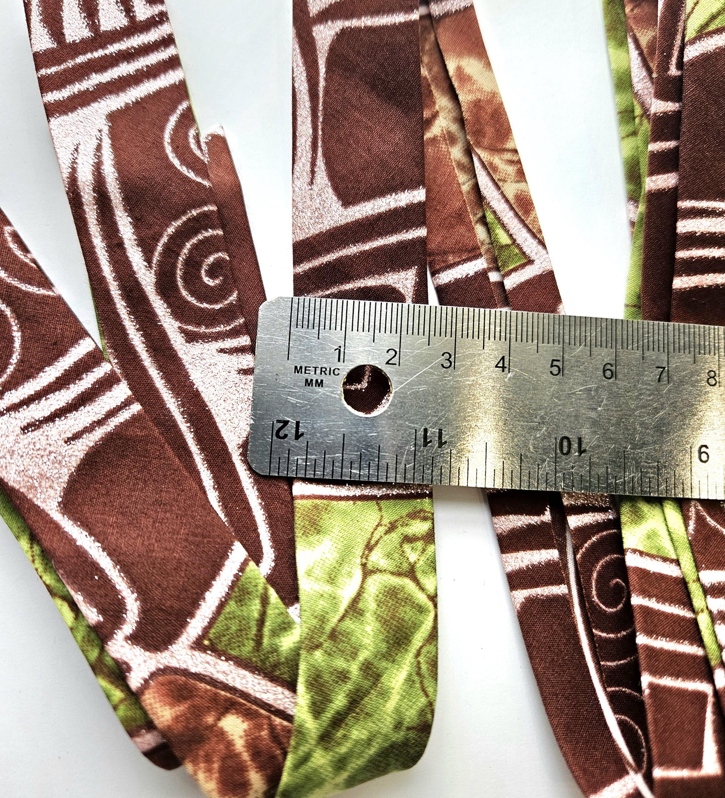 Brown, Green & Metallic Rose Embossed African Wax Fabric Bias Binding. 2.5cm Wide | Colourful Print Patterned Tape For Crafting / Quilting.