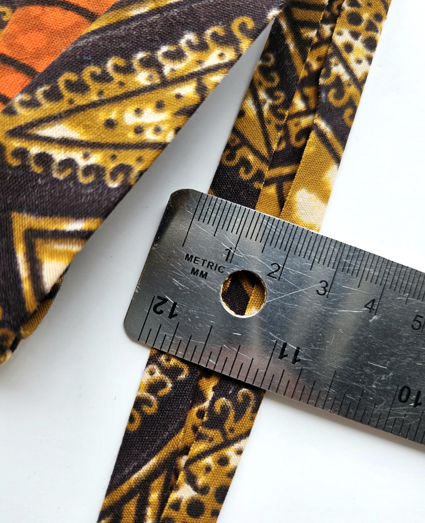 Mustard, Brown & Orange African Wax Fabric Bias Binding. 2.5cm Wide | Colourful Print Patterned Tape For Crafting / Quilting.