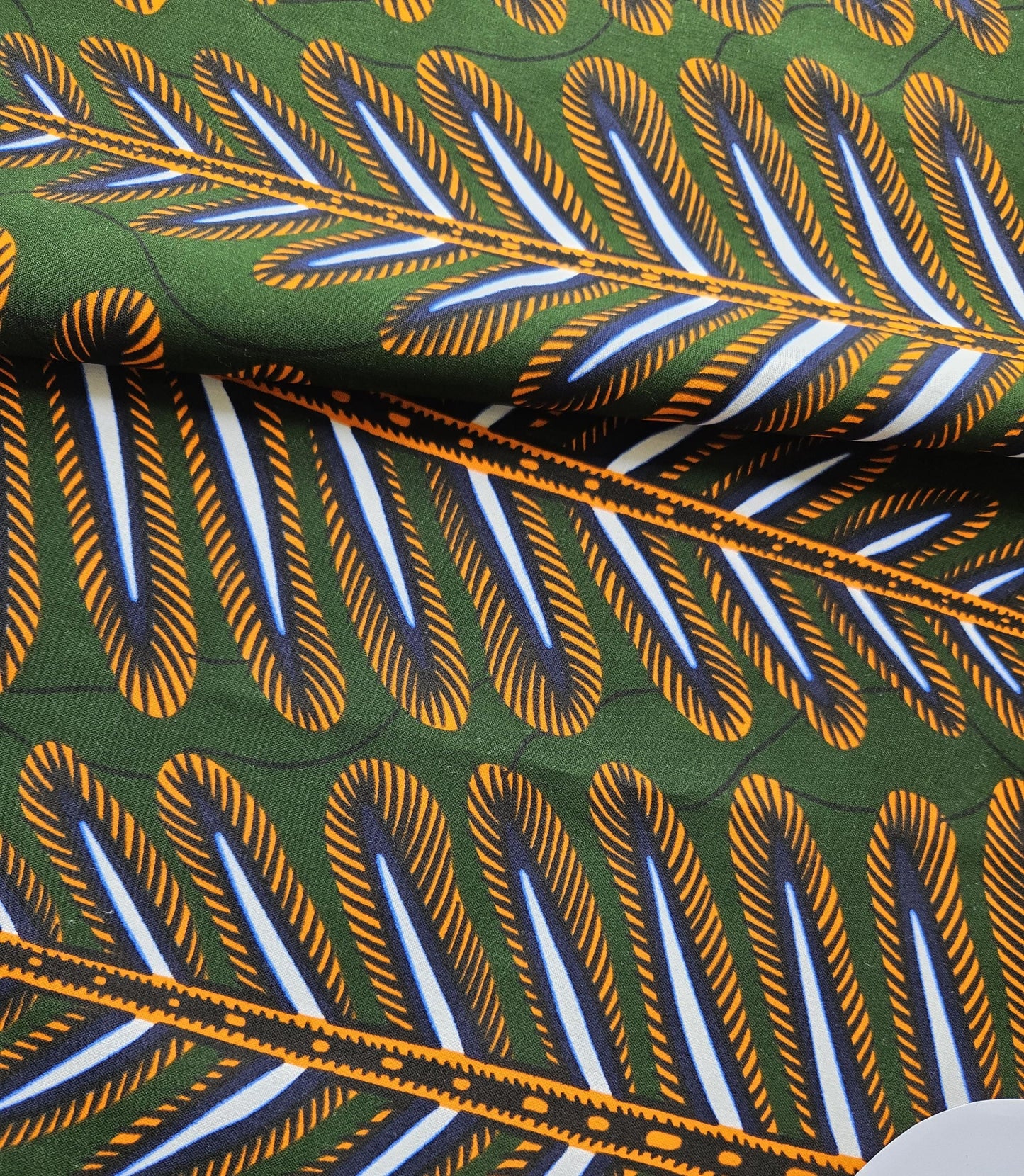 Green, Orange & White Wax Fabric 100% Cotton.
