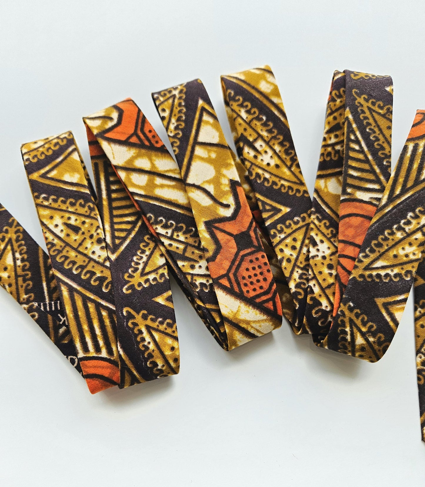 Mustard, Brown & Orange African Wax Fabric Bias Binding. 2.5cm Wide | Colourful Print Patterned Tape For Crafting / Quilting.