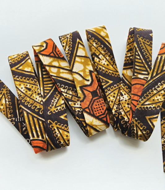 Mustard, Brown & Orange African Wax Fabric Bias Binding. 2.5cm Wide | Colourful Print Patterned Tape For Crafting / Quilting.