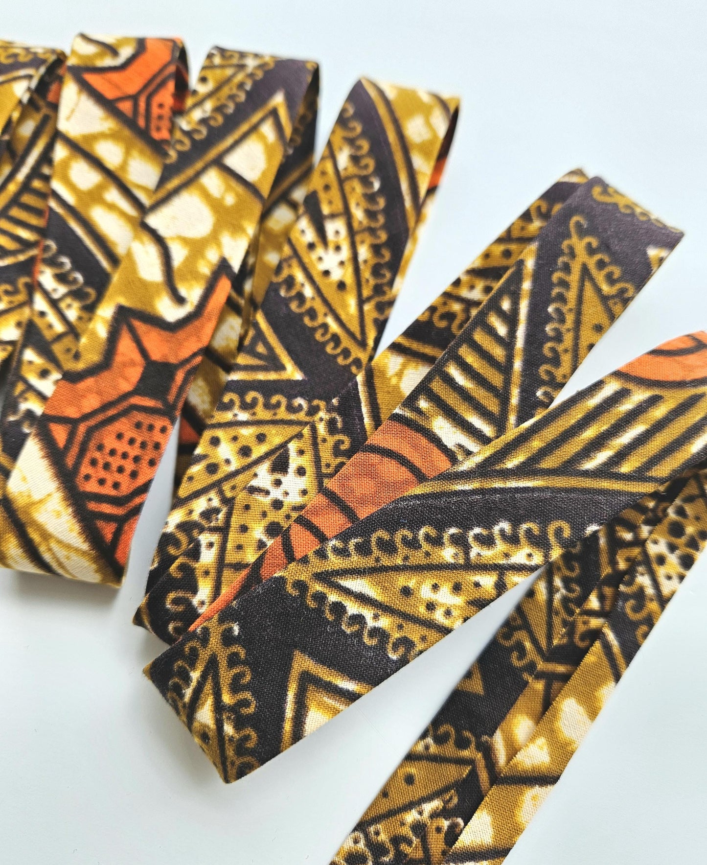 Mustard, Brown & Orange African Wax Fabric Bias Binding. 2.5cm Wide | Colourful Print Patterned Tape For Crafting / Quilting.