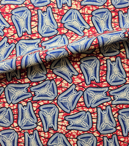Navy Blue, Red & Beige African Wax Print / Ankara / Kente Fabric By The Yard / Metre. 100% Cotton. For Sewing, Crafting And Quilting.