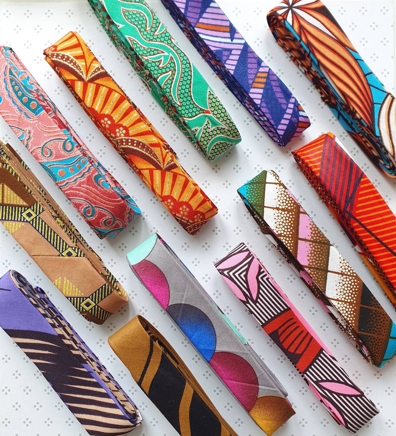 Set of 2 Tapes - 3 Metres of 25mm Cotton Taped in Blue, Red, Yellow & Orange African Wax Print Bias Binding / Seam Tape