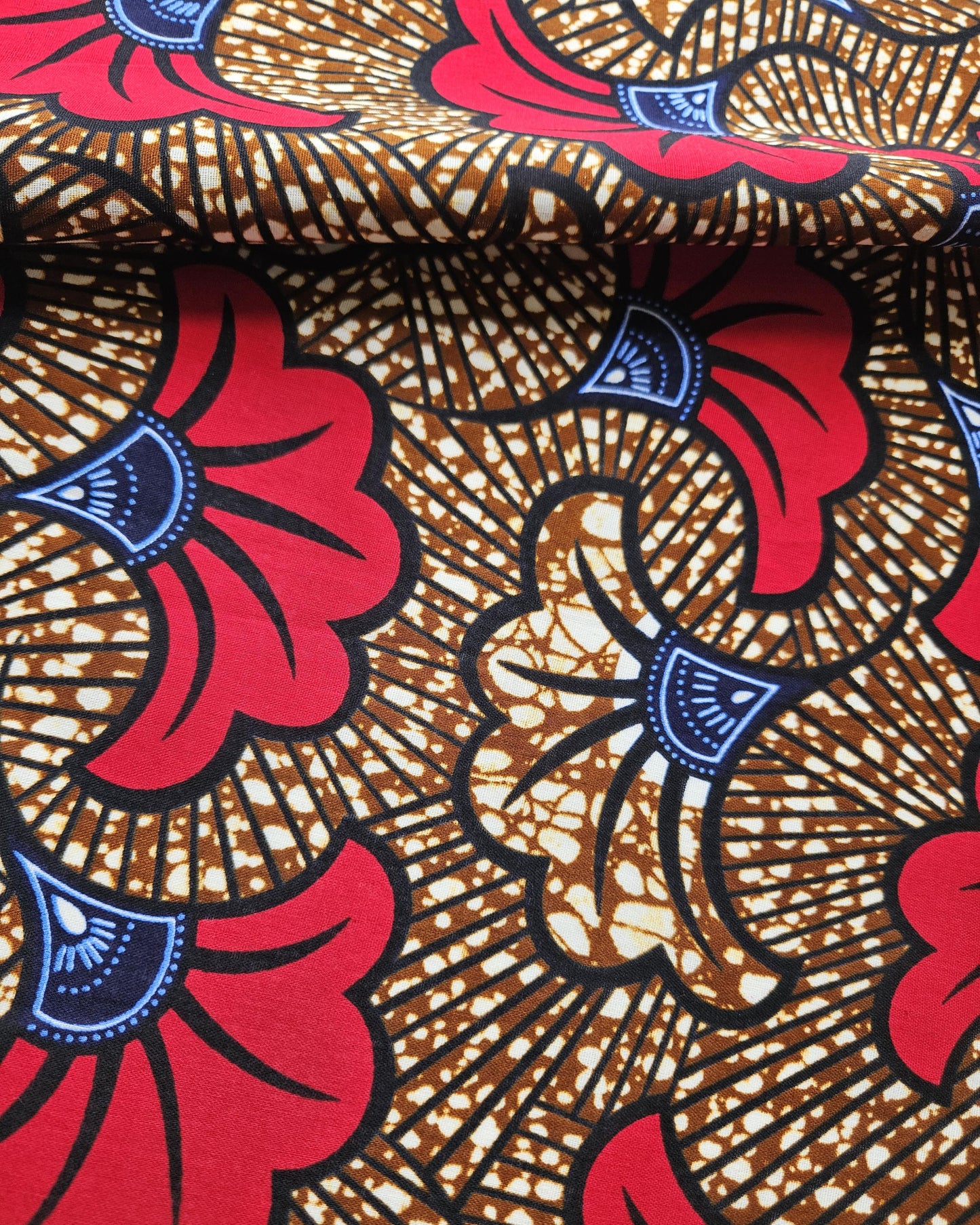Set Of 3 African Wax Floral and Geometric Patterned Fabric Fat Quarter Bundle. 100% Cotton. Red, Green and Orange. Crafting And Quilting.
