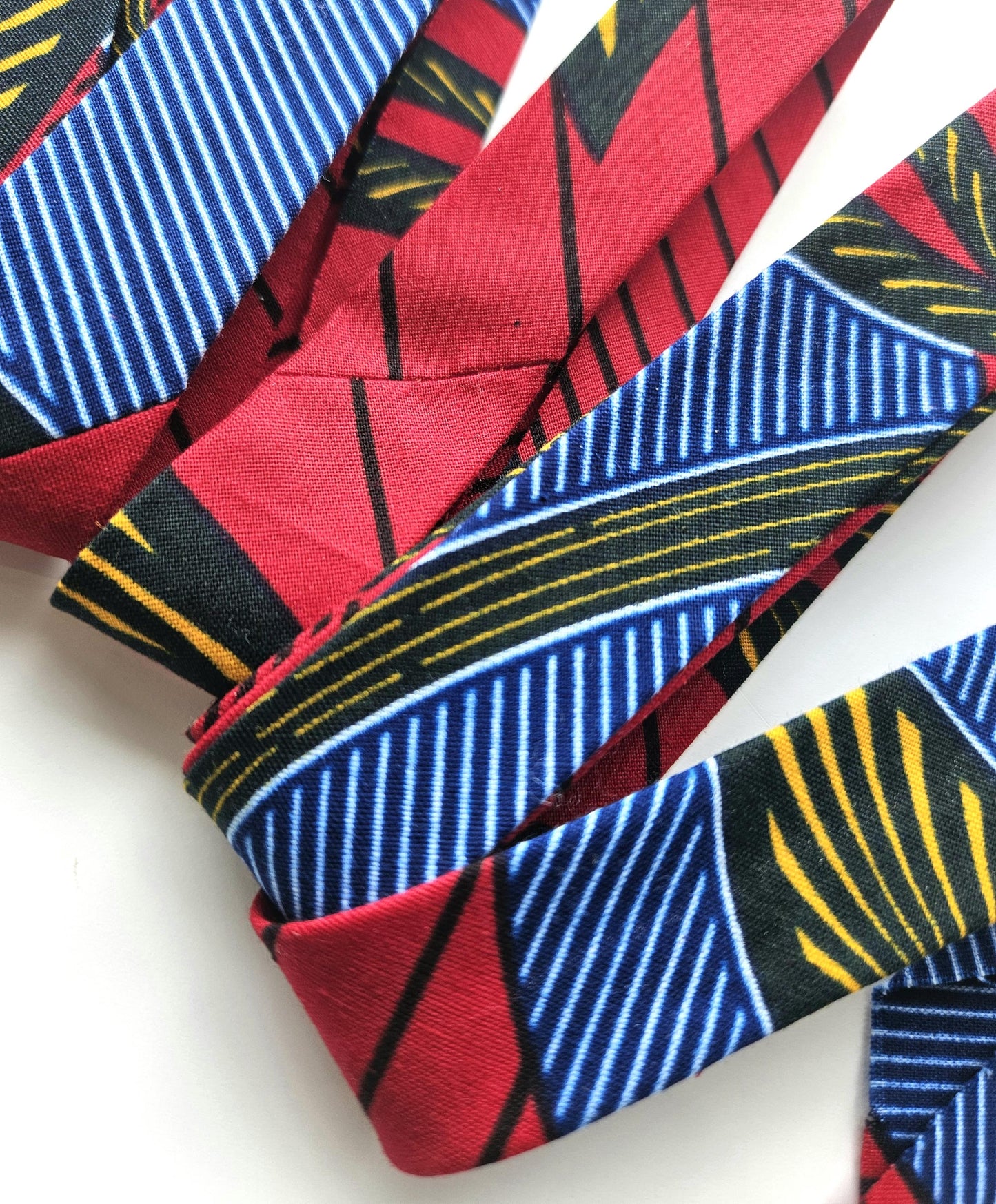 Set Of 2 African Wax Red & Blue Themed Fabric Bias Binding. 5 metres x  2.5cm Wide Each Colour. Print Patterned Tape For Crafting /Quilting.