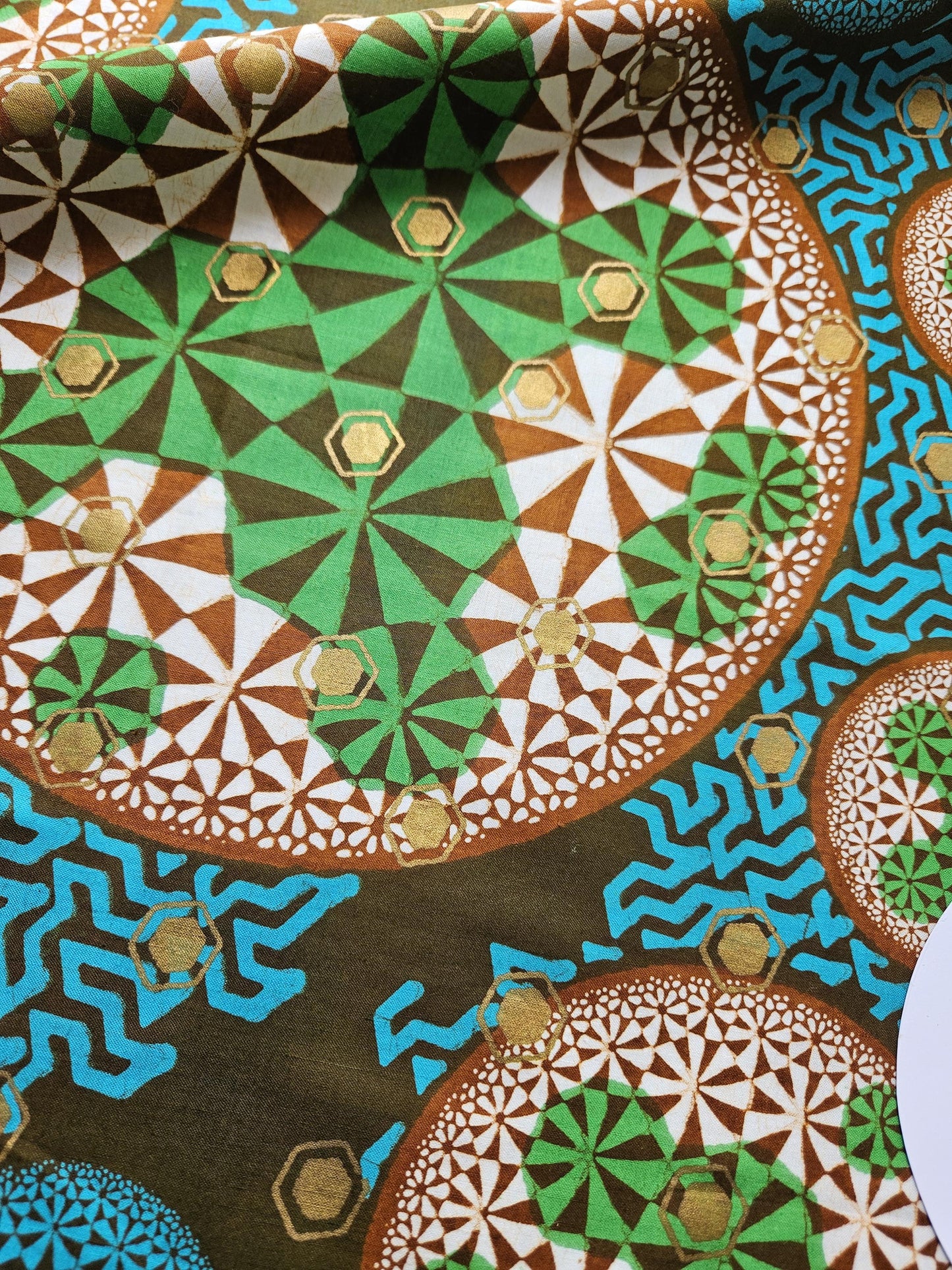 Green, Turquoise, Brown & Gold Embossed African Wax Fabric Bias Binding. 2.5cm Wide | Colourful Print Patterned Tape For Crafting /Quilting.
