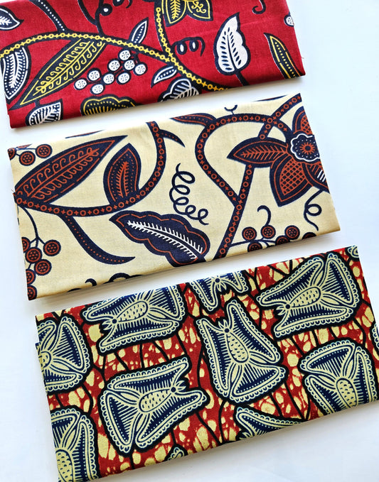 Red, Beige and Navy Blue Fabric Fat Quarter Bundle 100% Cotton.