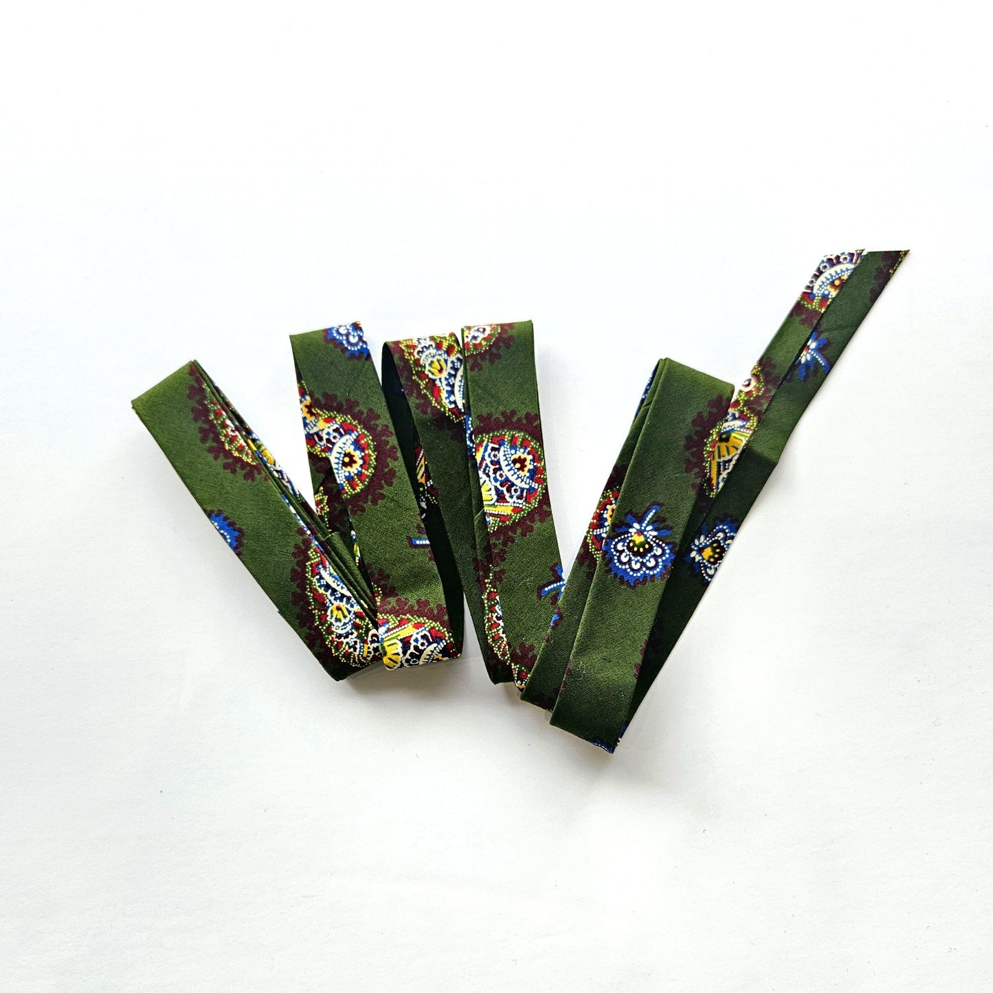 Green, Brown & Yellow African Wax Fabric Bias Binding. 2.5cm Wide | Colourful Paisley Print Patterned Tape For Crafting / Quilting.