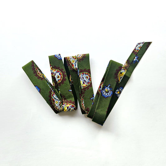 Green, Brown & Yellow African Wax Fabric Bias Binding. 2.5cm Wide | Colourful Paisley Print Patterned Tape For Crafting / Quilting.