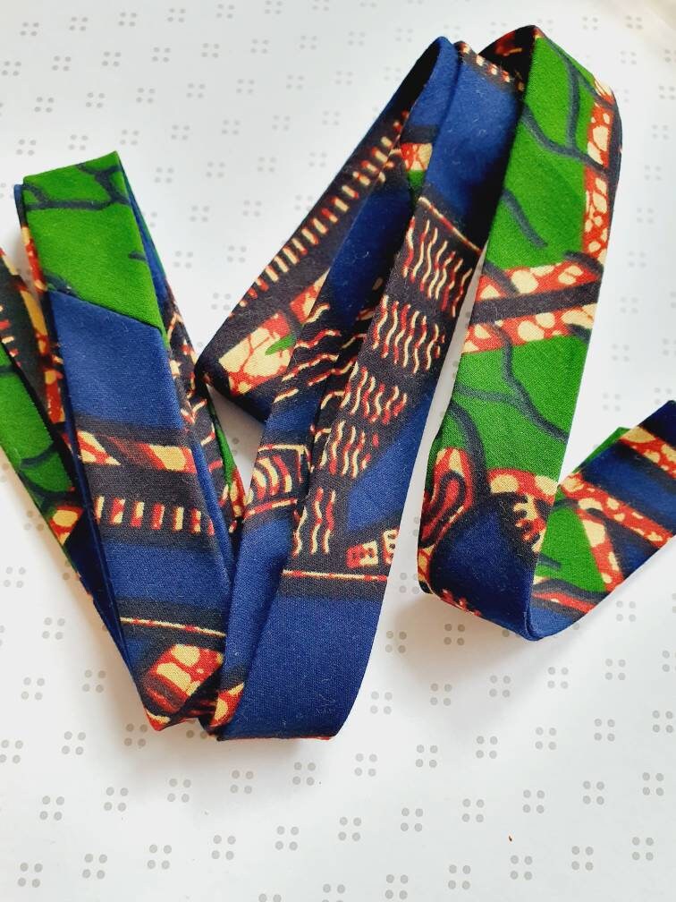 3 Metres of 25mm Green, Red & Navy African Wax Print Bias Binding / Seam Tape / 100% Soft Cotton