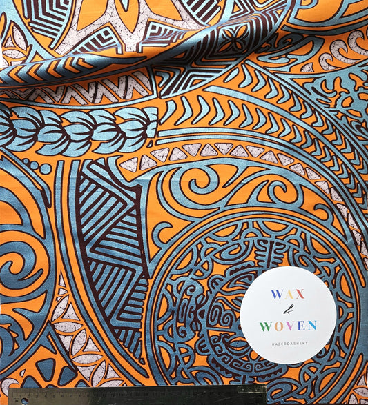 Orange, Brown & Metallic Blue African Wax Print / Ankara / Kente Fabric By The Yard / Metre. 100% Cotton. Sewing, Crafting And Quilting.