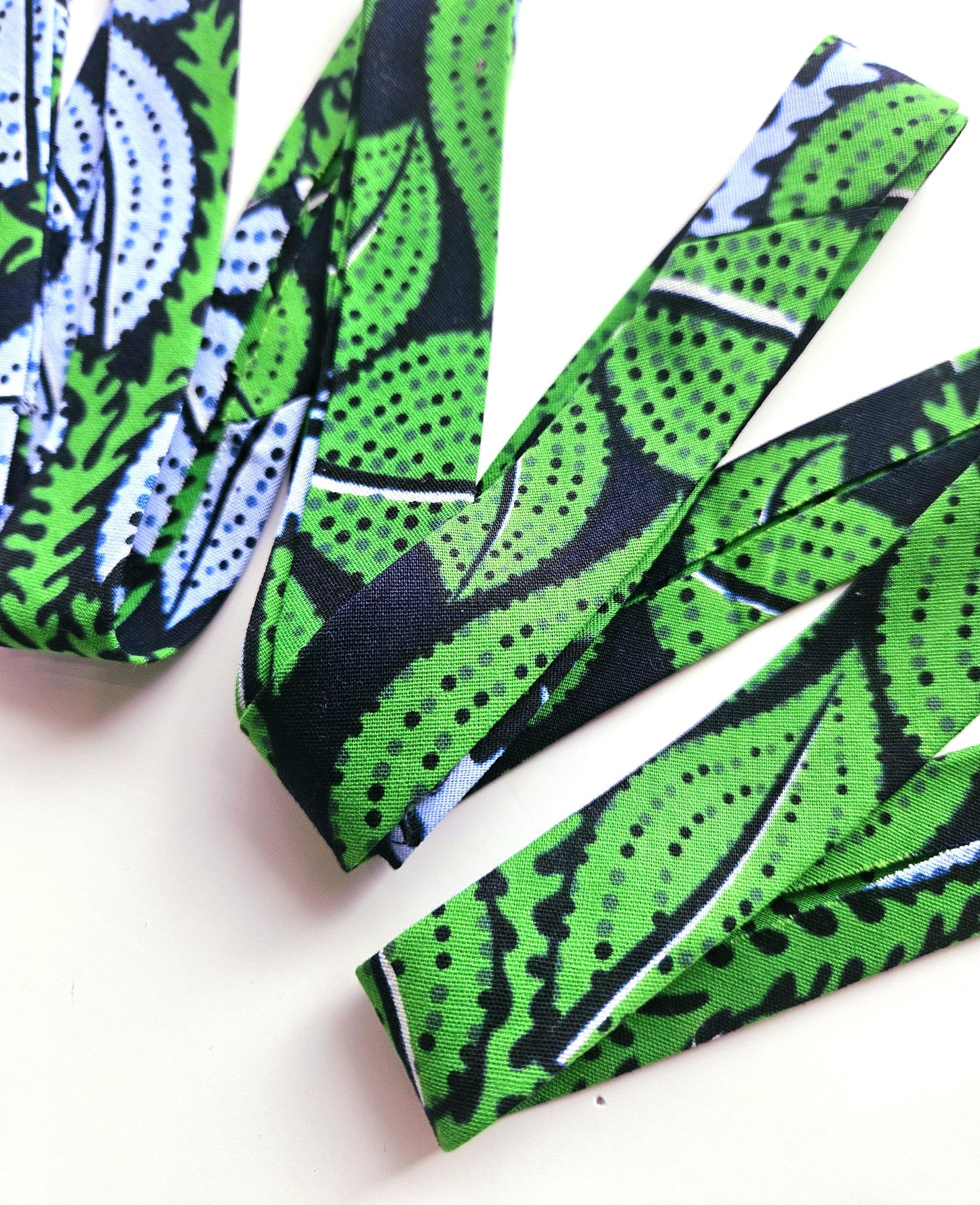 Green, Blue & Navy African Wax Fabric Bias Binding. 2.5cm Wide | Colourful Print Patterned Tape For Crafting / Quilting.