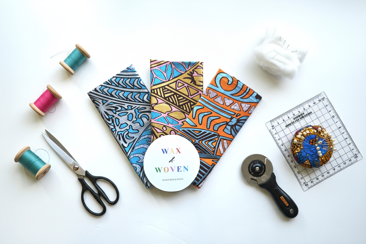 African Wax Fabric Fat Quarters White Table Flat Lay