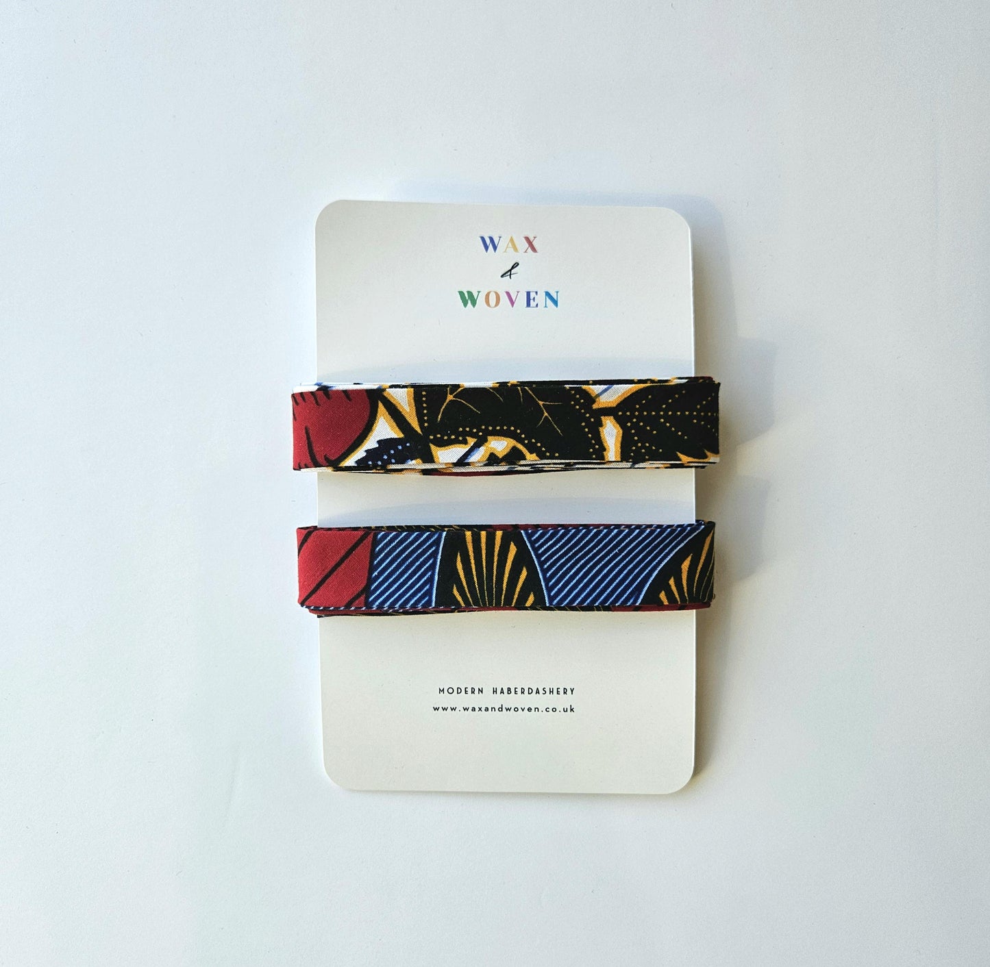 Set Of 2 African Wax Red & Blue Themed Fabric Bias Binding. 5 metres x  2.5cm Wide Each Colour. Print Patterned Tape For Crafting /Quilting.