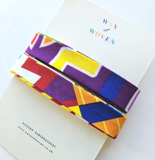 Set Of 2 African Wax Multicolour Purple & White Kente Print Bias Binding Tape. 5 Metres Each x  2.5cm Wide For Crafting, Quilting and Seams.