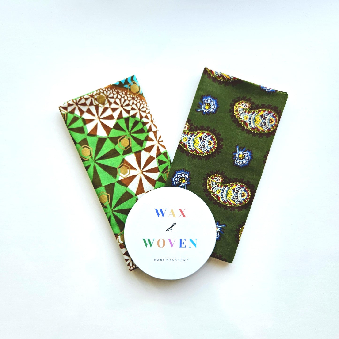 Set Of 2 African Wax Green & Gold Fabric Fat Quarters. 100% Cotton. Floral and Geometric Pattern. For Crafting And Quilting.