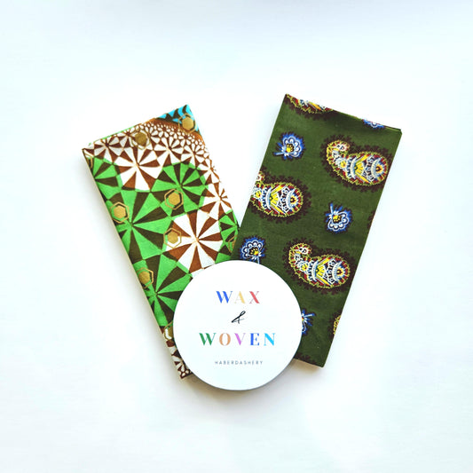 Set Of 2 African Wax Green & Gold Fabric Fat Quarters. 100% Cotton. Floral and Geometric Pattern. For Crafting And Quilting.