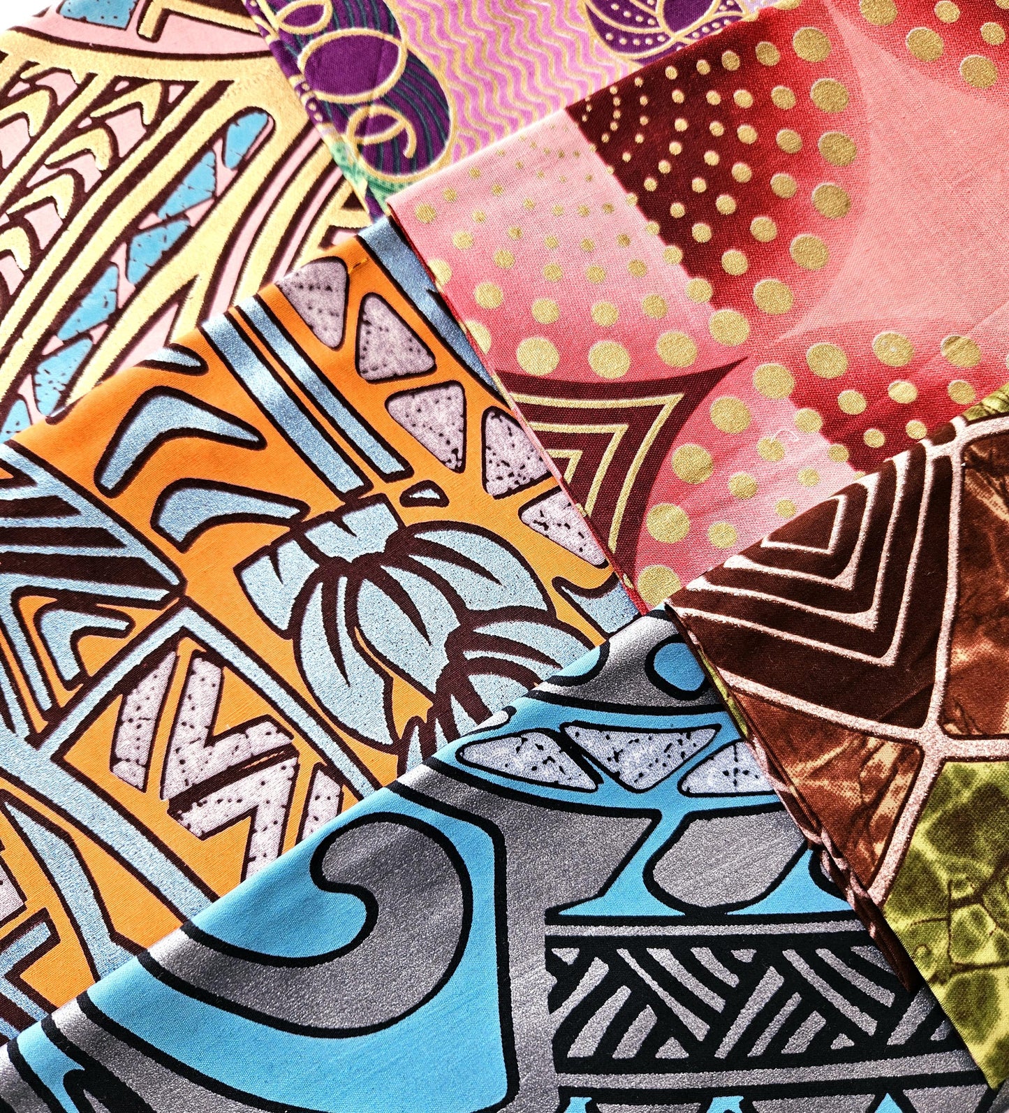 Set Of 3 African Wax Gold & Metallic Embossed Fabric Fat Quarters. 100% Cotton. Multicolour Purple, Pink and Brown. Crafting And Quilting.