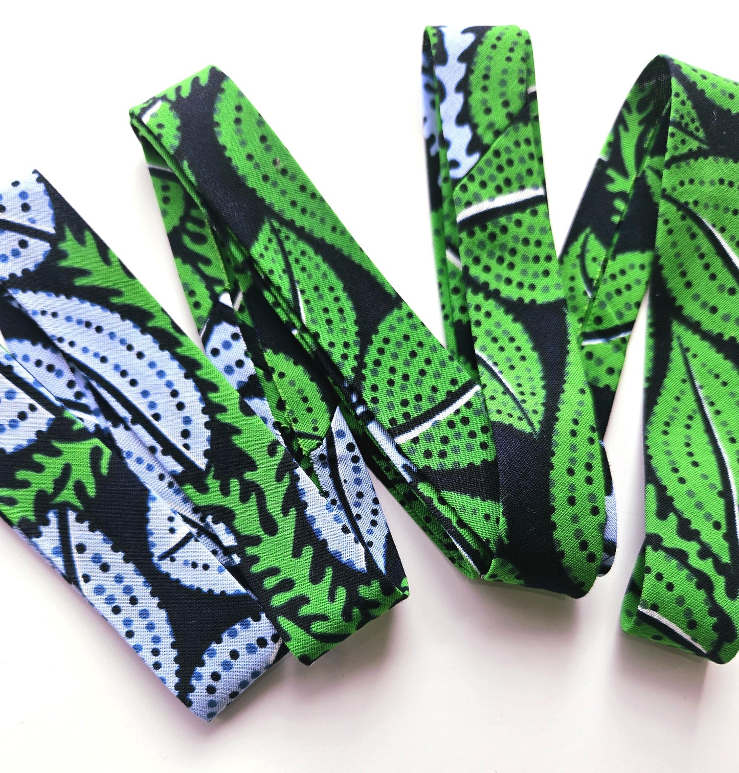 Green, Blue & Navy African Wax Fabric Bias Binding. 2.5cm Wide | Colourful Print Patterned Tape For Crafting / Quilting.
