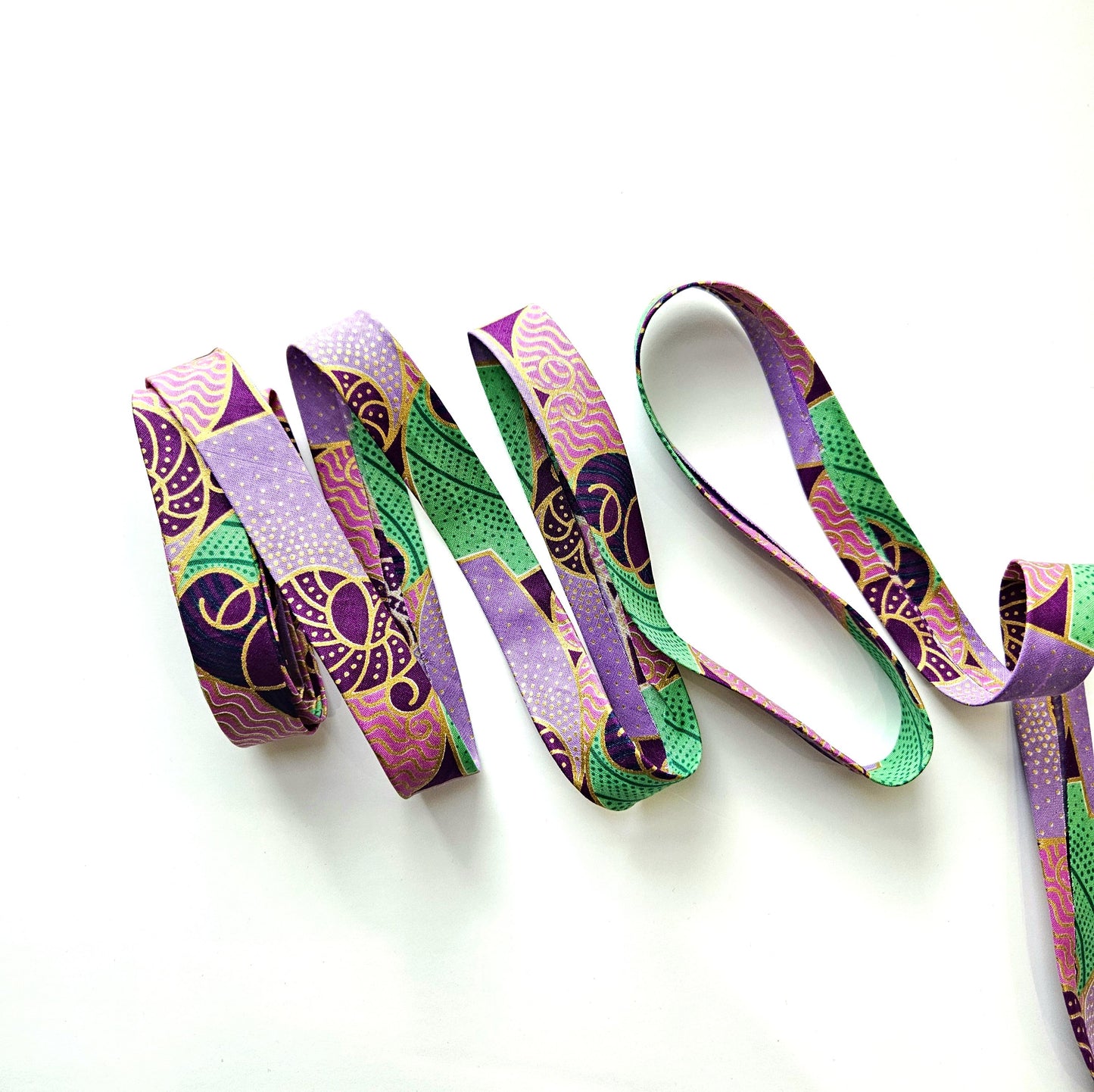 Embossed African Wax Fabric Bias Binding, Purple, Lilac, & Gold, 2.5cm Wide