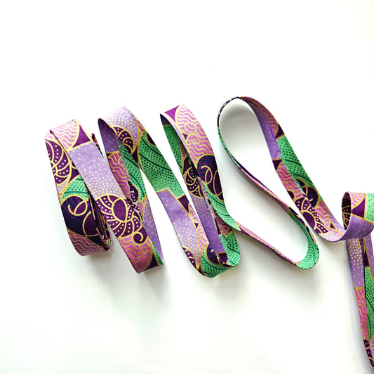 Embossed African Wax Fabric Bias Binding, Purple, Lilac, & Gold, 2.5cm Wide