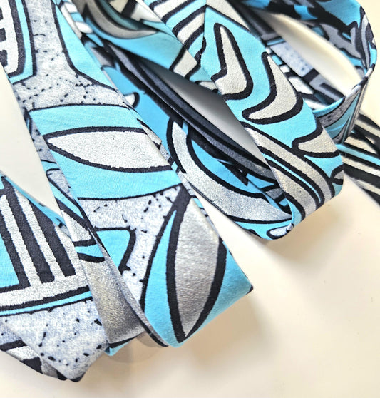 Blue, Navy & Silver Embossed African Wax Fabric Bias Binding. 2.5cm Wide | Colourful Print Patterned Tape For Crafting/Quilting.