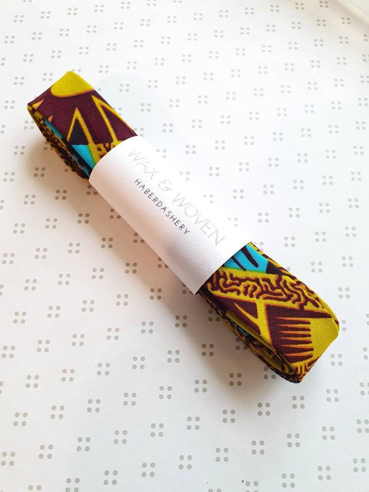 3 Metres of 25mm Lime Green, Blue & Brown African Wax Print Bias Binding / Seam Tape / 100% Soft Cotton