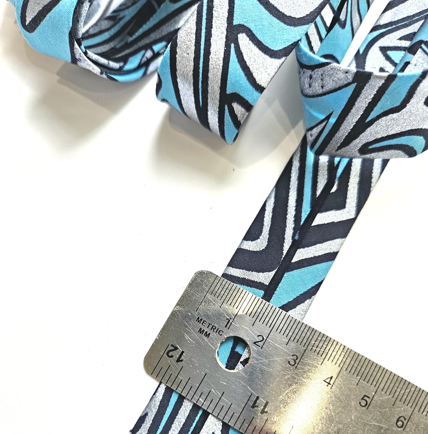 Blue, Navy & Silver Embossed African Wax Fabric Bias Binding. 2.5cm Wide | Colourful Print Patterned Tape For Crafting/Quilting.