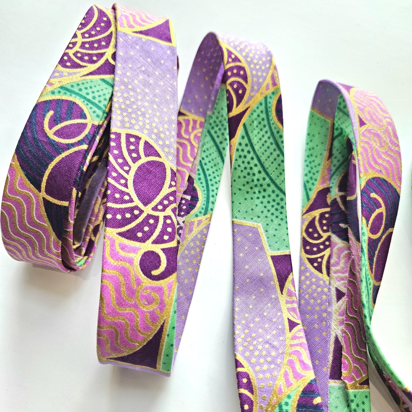 Embossed African Wax Fabric Bias Binding, Purple, Lilac, & Gold, 2.5cm Wide