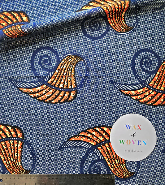 Orange & Navy African Wax Print Fabric, Kente Ankara, 100% Cotton By The Yard