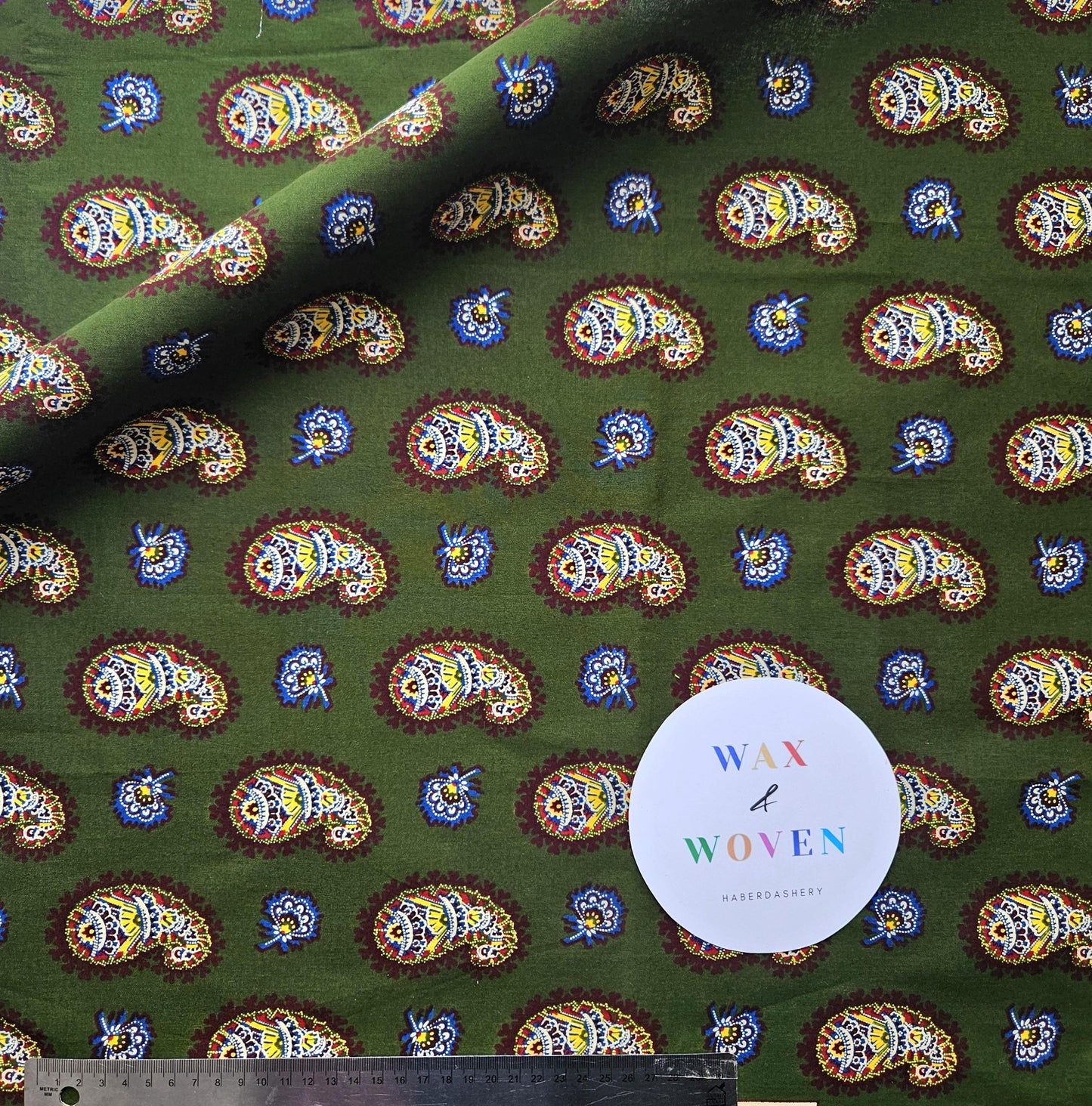 Set Of 2 African Wax Green & Gold Fabric Fat Quarters. 100% Cotton. Floral and Geometric Pattern. For Crafting And Quilting.