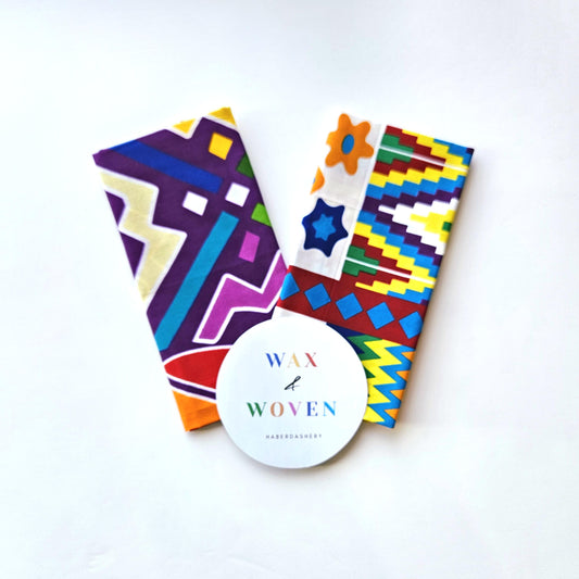 Set Of 2 African Wax Kente Pattern Fabric Fat Quarters. 100% Cotton. Multicolour Purple, White & Red. For Crafting And Quilting.