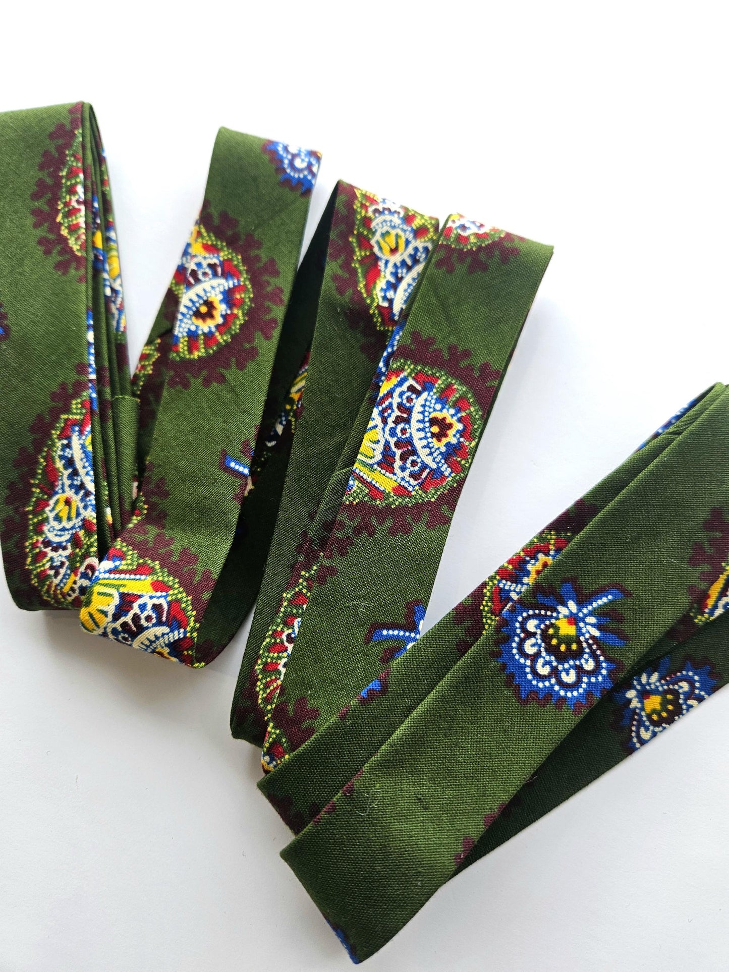 Green, Brown & Yellow African Wax Fabric Bias Binding. 2.5cm Wide | Colourful Paisley Print Patterned Tape For Crafting / Quilting.