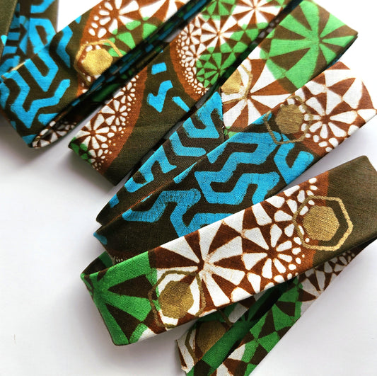 Green, Turquoise, Brown & Gold Embossed African Wax Fabric Bias Binding. 2.5cm Wide | Colourful Print Patterned Tape For Crafting /Quilting.