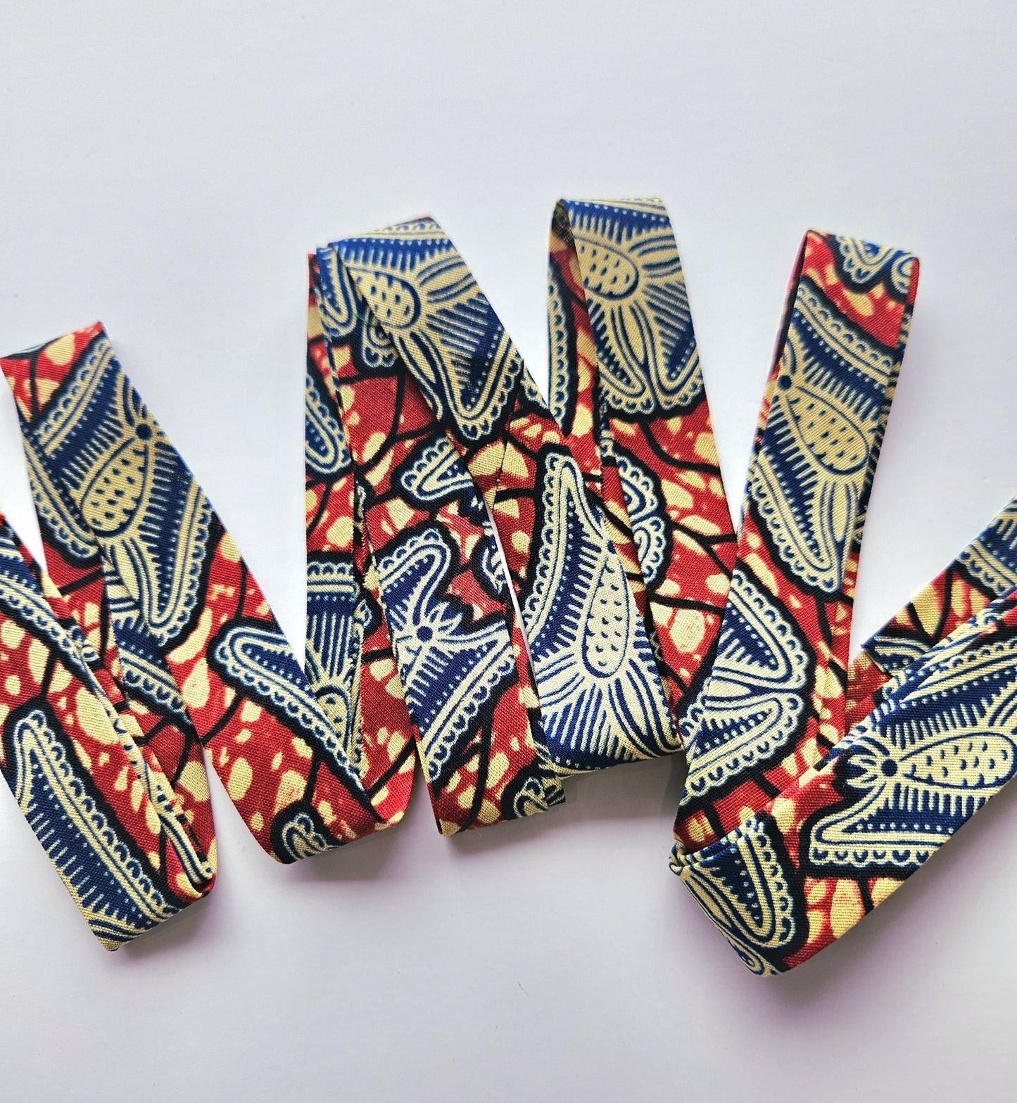 African Wax Print Bias Binding, Red, Navy Blue, Beige, 2.5cm Wide