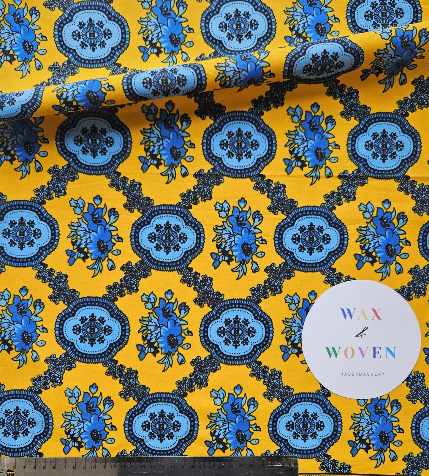 Yellow, Baby Blue & Navy African Wax Print / Ankara / Kente Fabric By The Yard / Metre. 100% Cotton. Sewing, Crafting And Quilting.