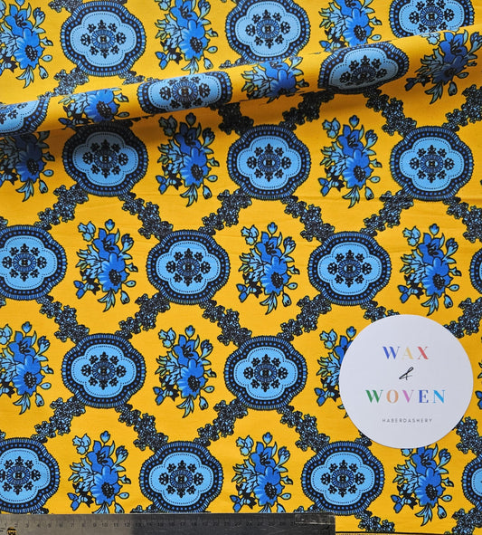 Yellow, Baby Blue & Navy African Wax Print / Ankara / Kente Fabric By The Yard / Metre. 100% Cotton. Sewing, Crafting And Quilting.